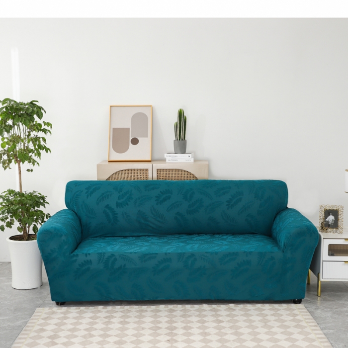 91家纺网 家纺一手货源 找家纺 兴妮雅2023新款大树叶防水弹力沙发笠立体浮雕提花组合沙发套 孔雀蓝