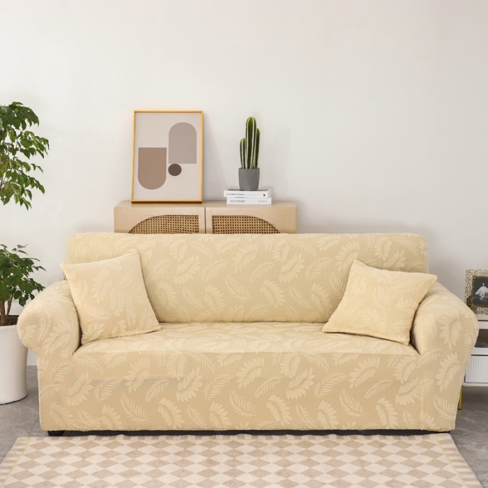 91家纺网 家纺一手货源 找家纺 兴妮雅2023新款大树叶防水弹力沙发笠立体浮雕提花组合沙发套 米黄