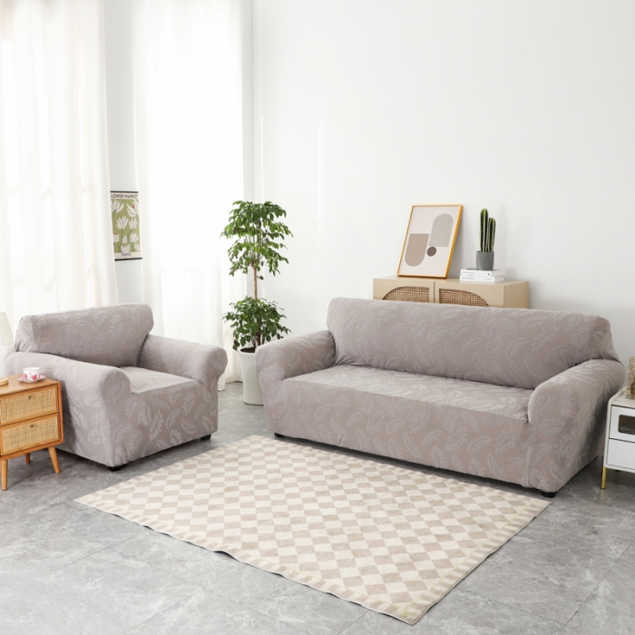 91家纺网 家纺一手货源 找家纺 兴妮雅2023新款大树叶防水弹力沙发笠立体浮雕提花组合沙发套 浅灰
