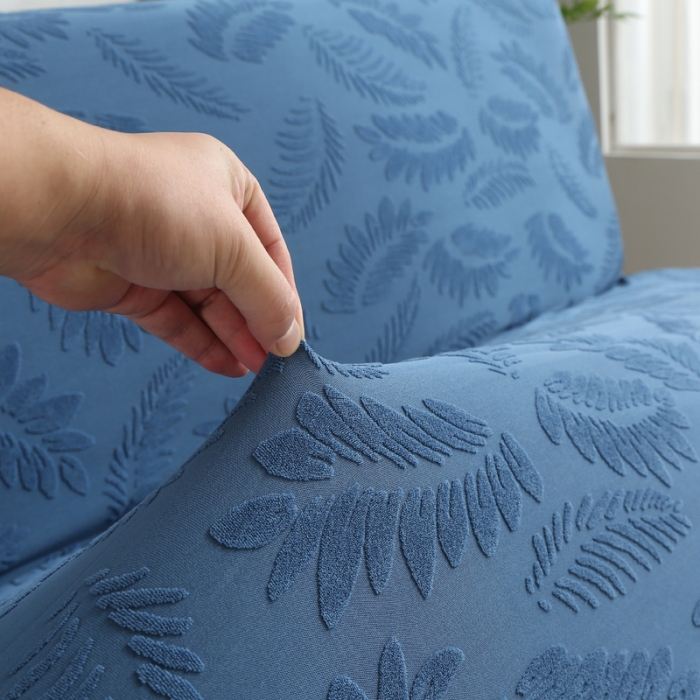 91家纺网 家纺一手货源 找家纺 兴妮雅2023新款大树叶方式弹力立体浮雕提花沙发床套 宝蓝