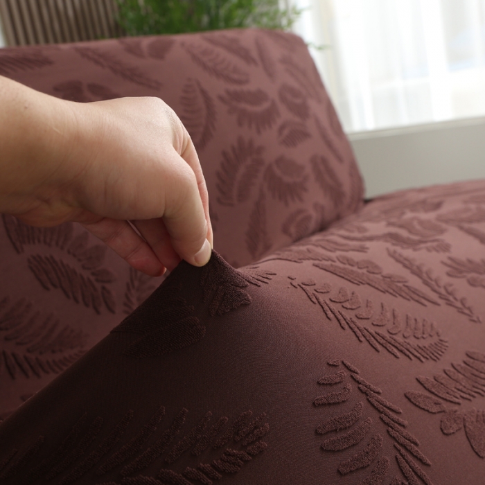91家纺网 家纺一手货源 找家纺 兴妮雅2023新款大树叶方式弹力立体浮雕提花沙发床套 咖啡