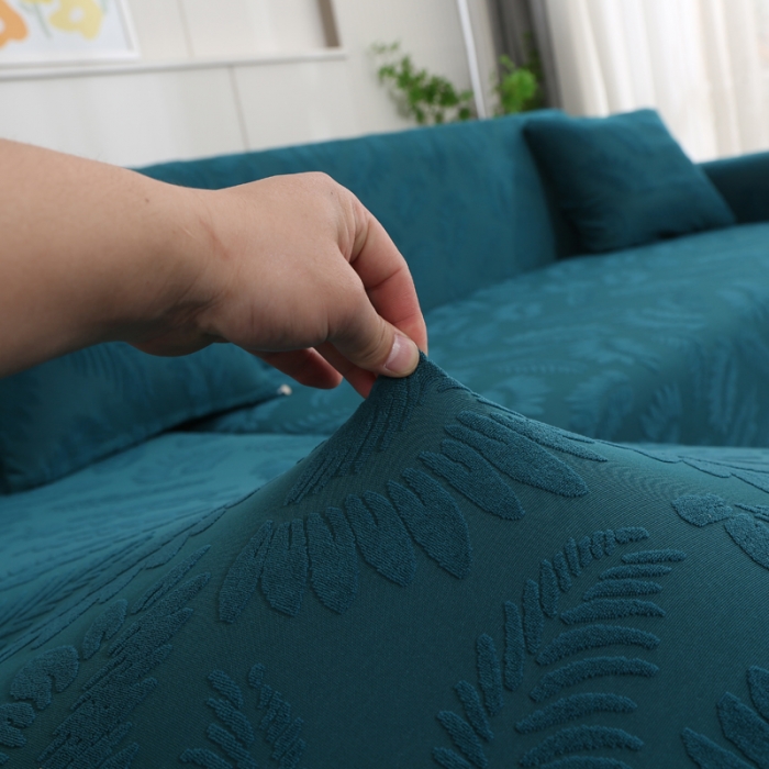 91家纺网 家纺一手货源 找家纺 兴妮雅2023新款大树叶防水弹力沙发笠立体浮雕提花贵妃沙发套 宝蓝