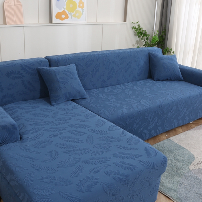 91家纺网 家纺一手货源 找家纺 兴妮雅2023新款大树叶防水弹力沙发笠立体浮雕提花贵妃沙发套 孔雀蓝