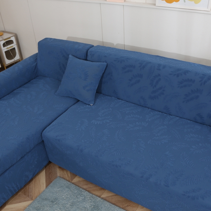 91家纺网 家纺一手货源 找家纺 兴妮雅2023新款大树叶防水弹力沙发笠立体浮雕提花贵妃沙发套 孔雀蓝