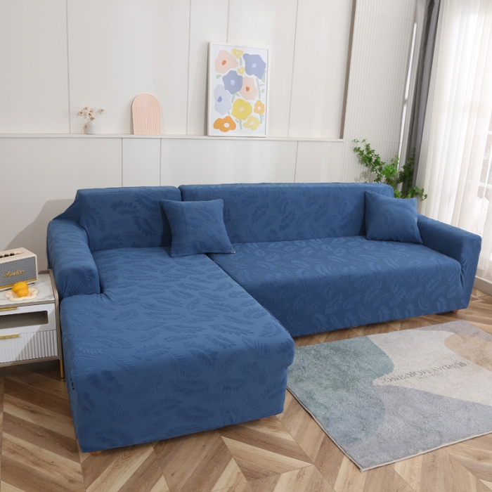 91家纺网 家纺一手货源 找家纺 兴妮雅2023新款大树叶防水弹力沙发笠立体浮雕提花贵妃沙发套 孔雀蓝