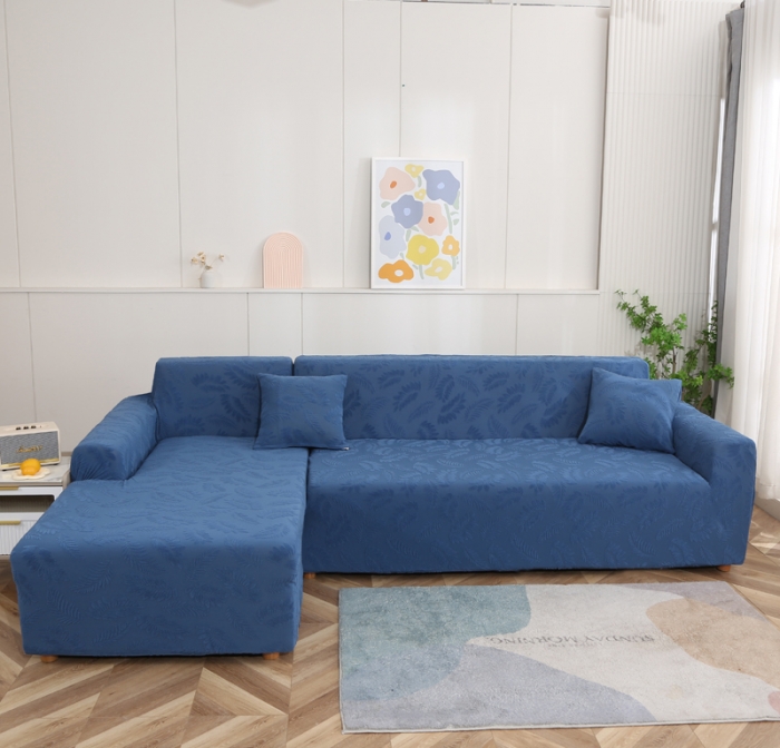 91家纺网 家纺一手货源 找家纺 兴妮雅2023新款大树叶防水弹力沙发笠立体浮雕提花贵妃沙发套 孔雀蓝