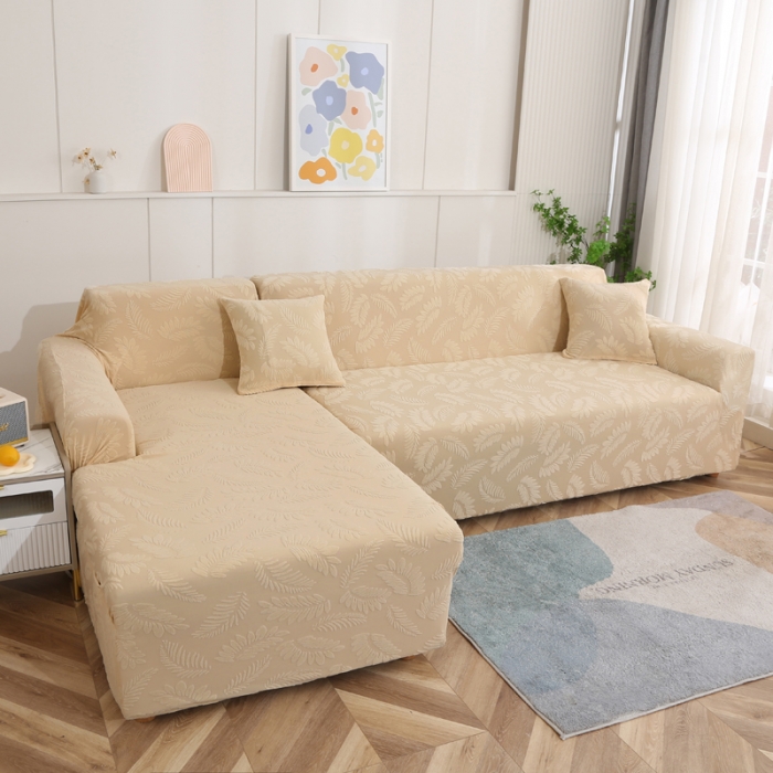91家纺网 家纺一手货源 找家纺 兴妮雅2023新款大树叶防水弹力沙发笠立体浮雕提花贵妃沙发套 米黄