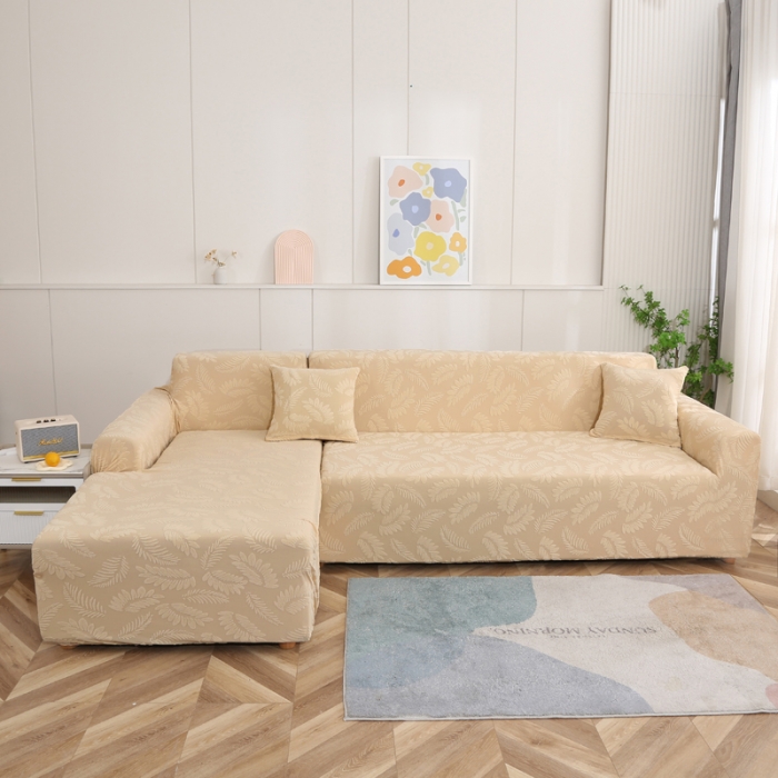 91家纺网 家纺一手货源 找家纺 兴妮雅2023新款大树叶防水弹力沙发笠立体浮雕提花贵妃沙发套 米黄