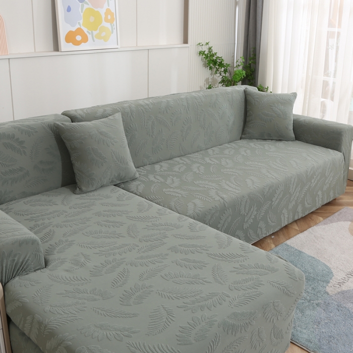91家纺网 家纺一手货源 找家纺 兴妮雅2023新款大树叶防水弹力沙发笠立体浮雕提花贵妃沙发套 抹茶绿