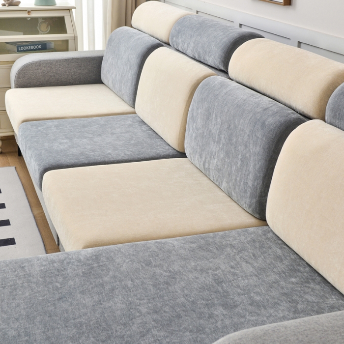 91家纺网 家纺一手货源 找家纺 千彤 2023新款常规款雪尼尔沙发笠系列 中性灰米黄