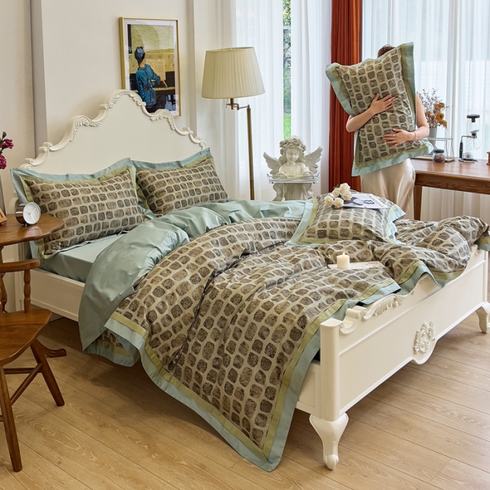 91家纺网 家纺一手货源 找家纺 由丽 2025新款数码印花四件套 心墙 咖