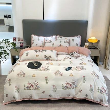 91家纺网 家纺一手货源 找家纺 仟网汇 2023新款网红爆款棉麻水洗印花皱皱纱四件套 春日兔