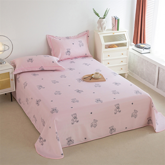 91家纺网 家纺一手货源 找家纺 首爱 2025新款原棉老粗布床单款三件套 乖乖熊—粉