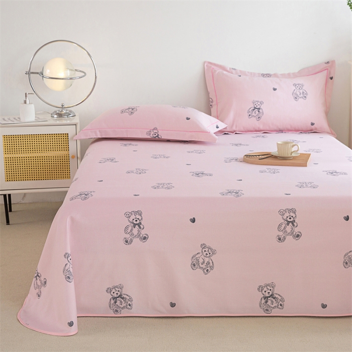 91家纺网 家纺一手货源 找家纺 首爱 2025新款原棉老粗布床单款三件套 乖乖熊—粉