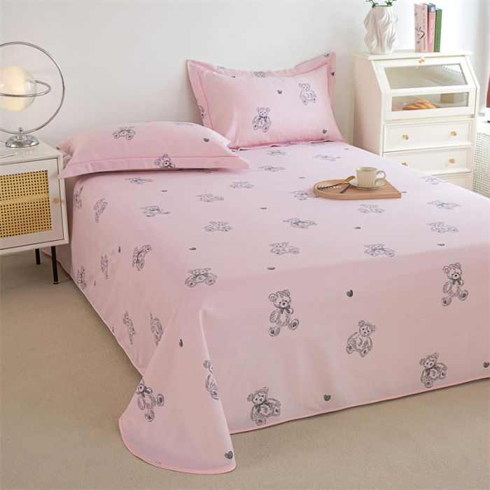 91家纺网 家纺一手货源 找家纺 首爱 2025新款原棉老粗布床单款三件套 乖乖熊—粉