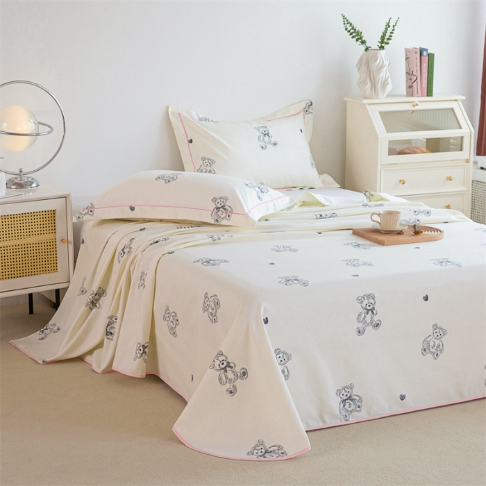 91家纺网 家纺一手货源 找家纺 首爱 2025新款原棉老粗布床单款三件套 乖乖熊—米