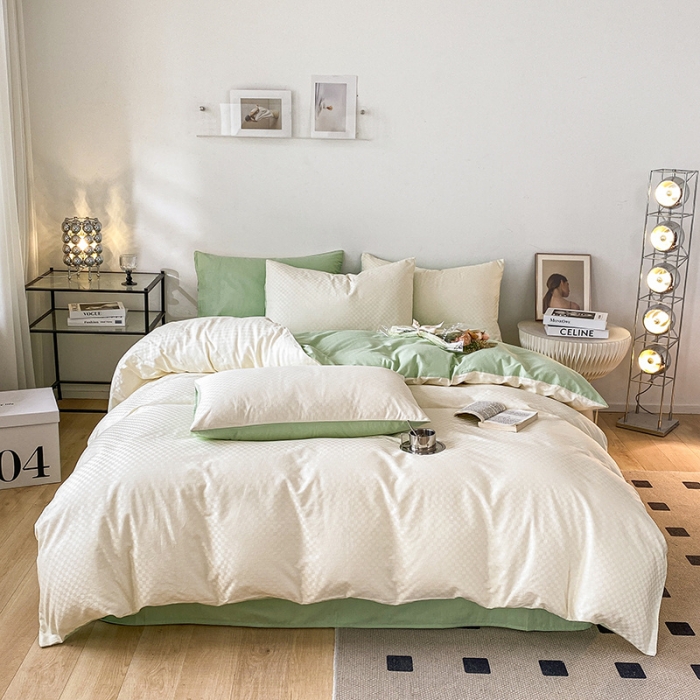 91家纺网 家纺一手货源 找家纺 涵宸家纺 2023新款全棉提花菲比系列四件套 菲比-白绿