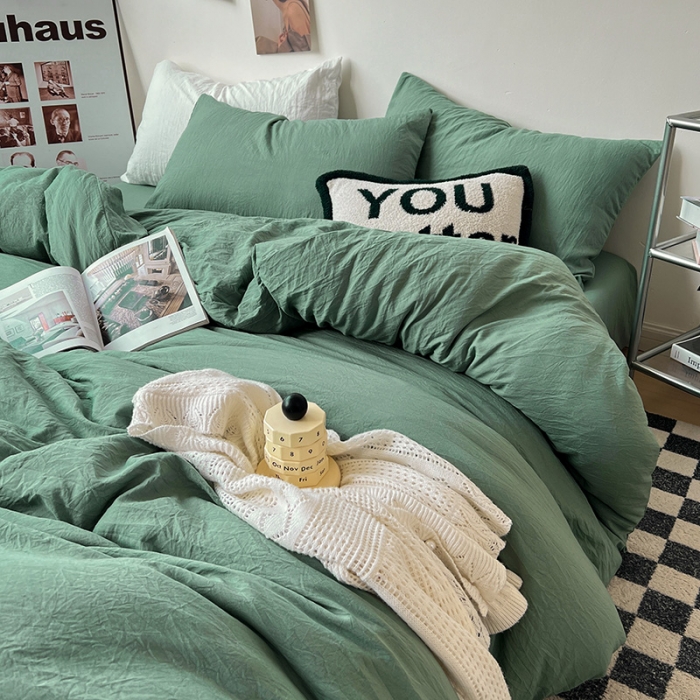 91家纺网 家纺一手货源 找家纺 水墨江南 2023新款超柔水洗棉简约纯色四件套 暗夜绿