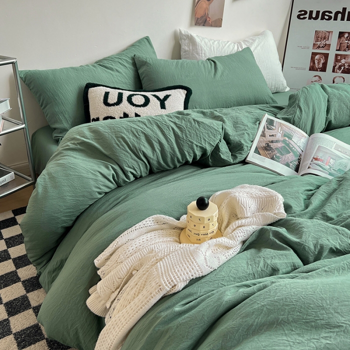 91家纺网 家纺一手货源 找家纺 水墨江南 2023新款超柔水洗棉简约纯色四件套 暗夜绿