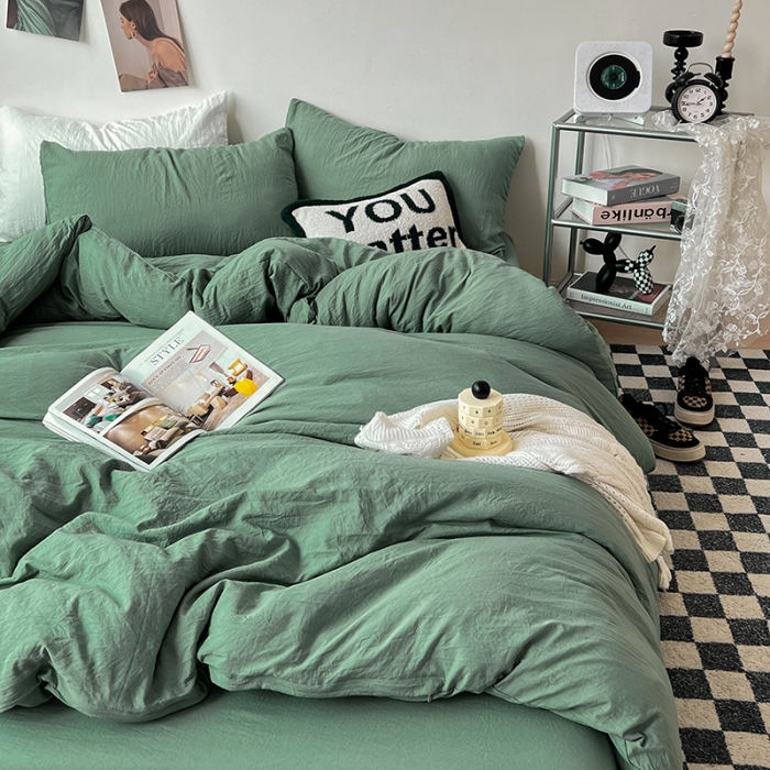 91家纺网 家纺一手货源 找家纺 水墨江南 2023新款超柔水洗棉简约纯色四件套 暗夜绿