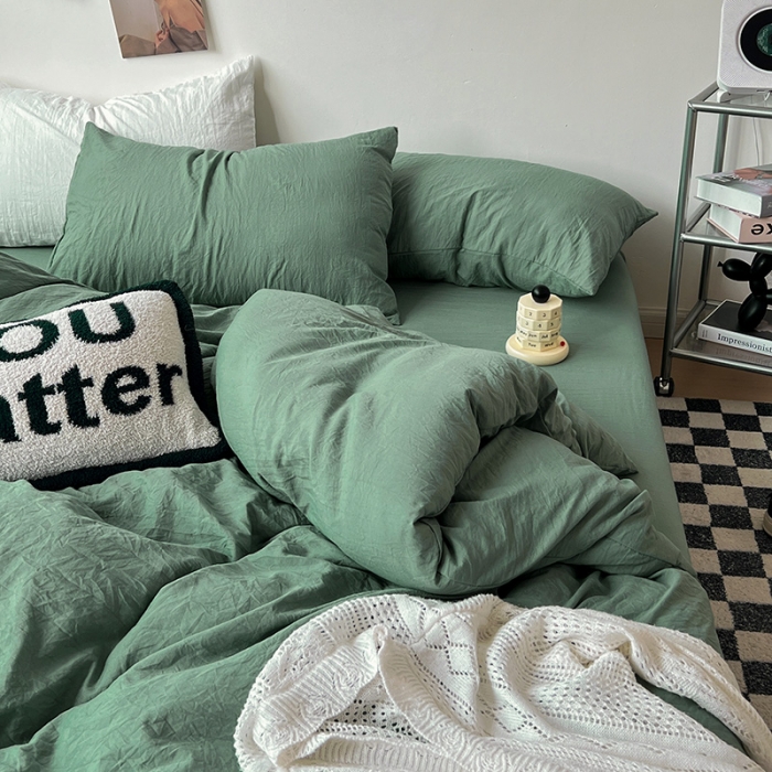 91家纺网 家纺一手货源 找家纺 水墨江南 2023新款超柔水洗棉简约纯色四件套 暗夜绿