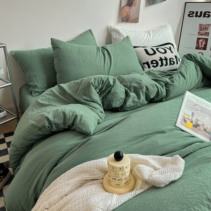 91家纺网 家纺一手货源 找家纺 水墨江南 2023新款超柔水洗棉简约纯色四件套 暗夜绿