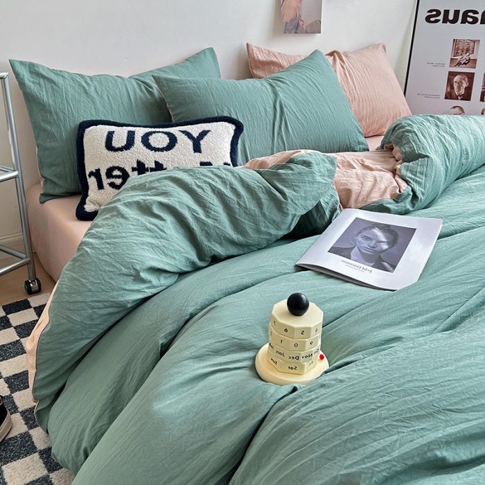 91家纺网 家纺一手货源 找家纺 水墨江南 2023新款超柔水洗棉简约纯色四件套 暗夜绿中驼