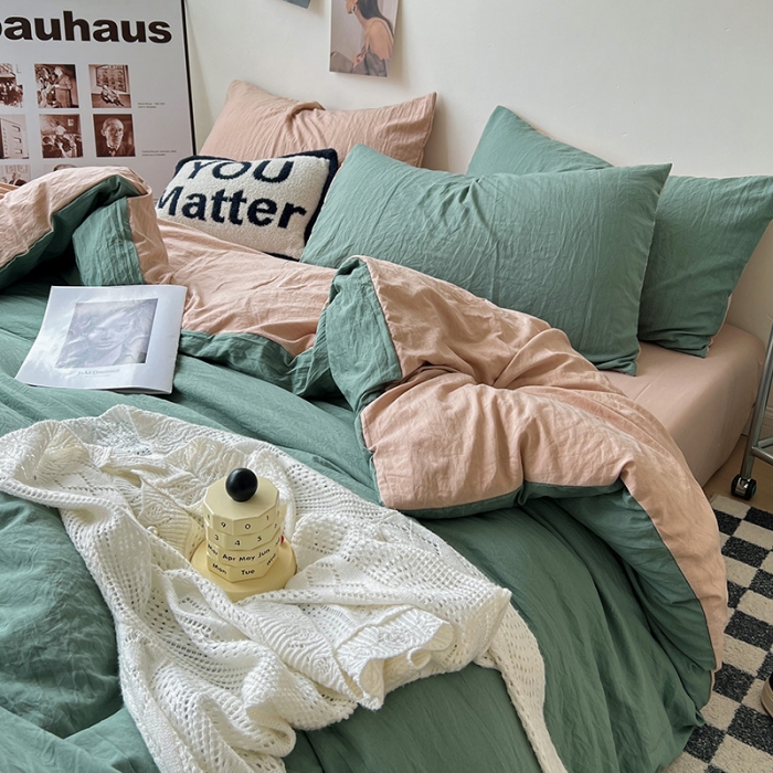 91家纺网 家纺一手货源 找家纺 水墨江南 2023新款超柔水洗棉简约纯色四件套 暗夜绿中驼