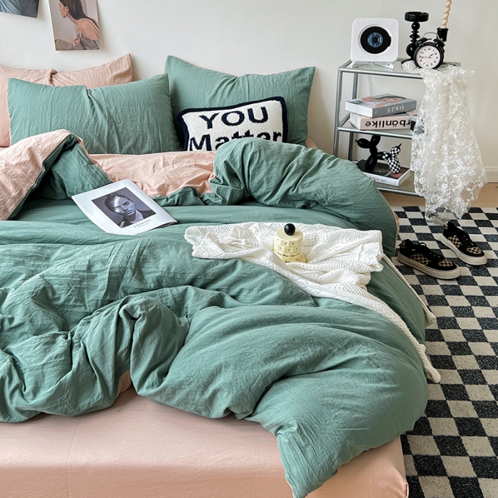 91家纺网 家纺一手货源 找家纺 水墨江南 2023新款超柔水洗棉简约纯色四件套 暗夜绿中驼