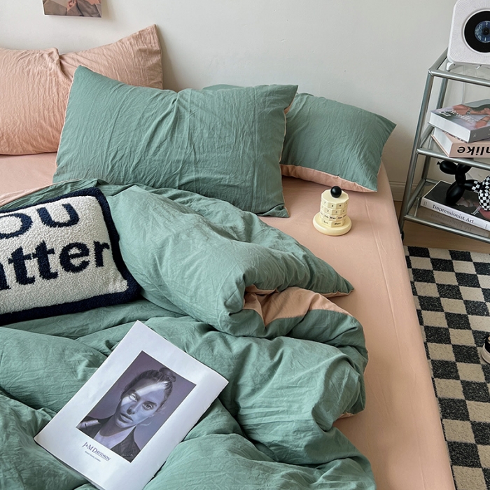 91家纺网 家纺一手货源 找家纺 水墨江南 2023新款超柔水洗棉简约纯色四件套 暗夜绿中驼