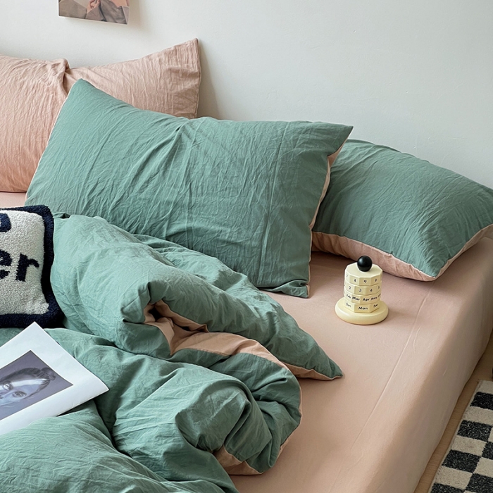 91家纺网 家纺一手货源 找家纺 水墨江南 2023新款超柔水洗棉简约纯色四件套 暗夜绿中驼