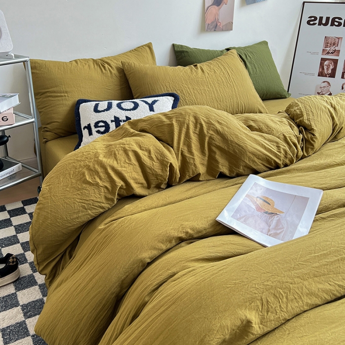 91家纺网 家纺一手货源 找家纺 水墨江南 2023新款超柔水洗棉简约纯色四件套 茶色