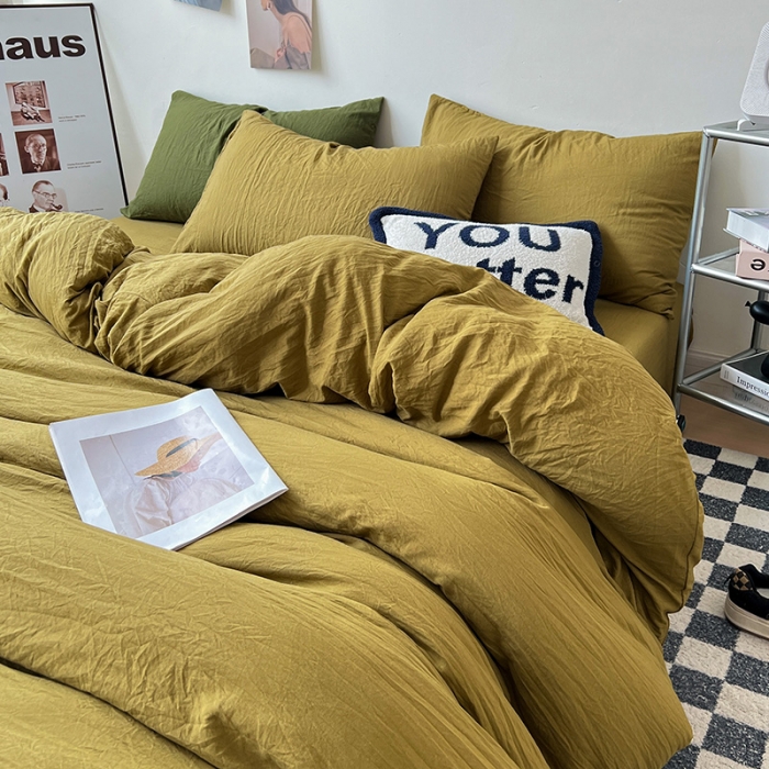 91家纺网 家纺一手货源 找家纺 水墨江南 2023新款超柔水洗棉简约纯色四件套 茶色