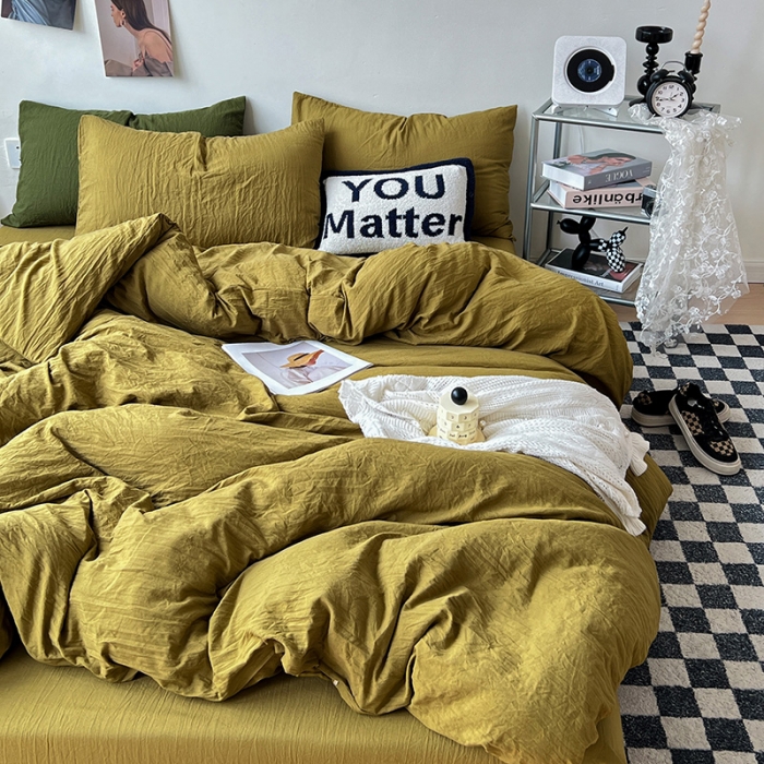 91家纺网 家纺一手货源 找家纺 水墨江南 2023新款超柔水洗棉简约纯色四件套 茶色