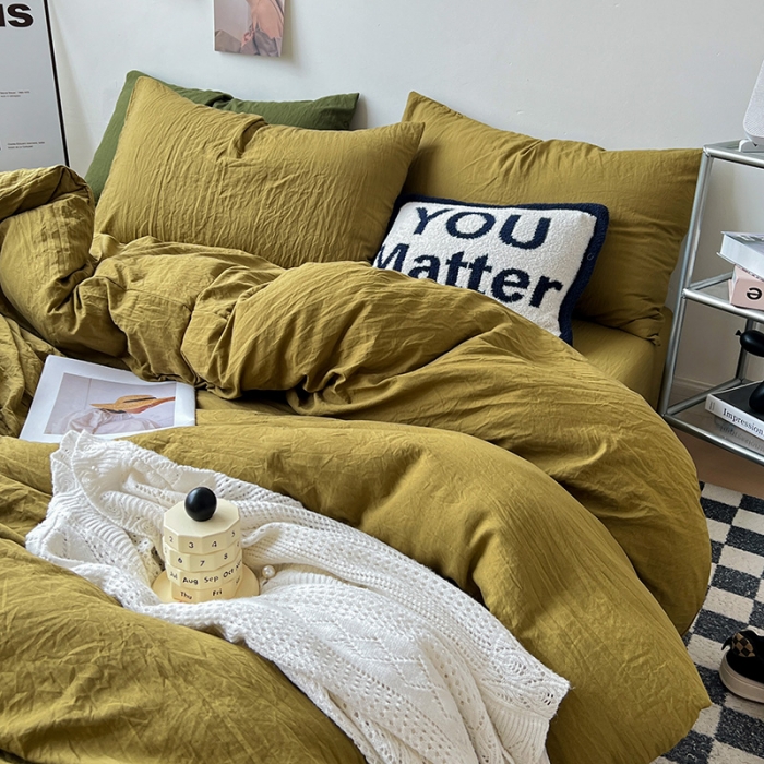 91家纺网 家纺一手货源 找家纺 水墨江南 2023新款超柔水洗棉简约纯色四件套 茶色