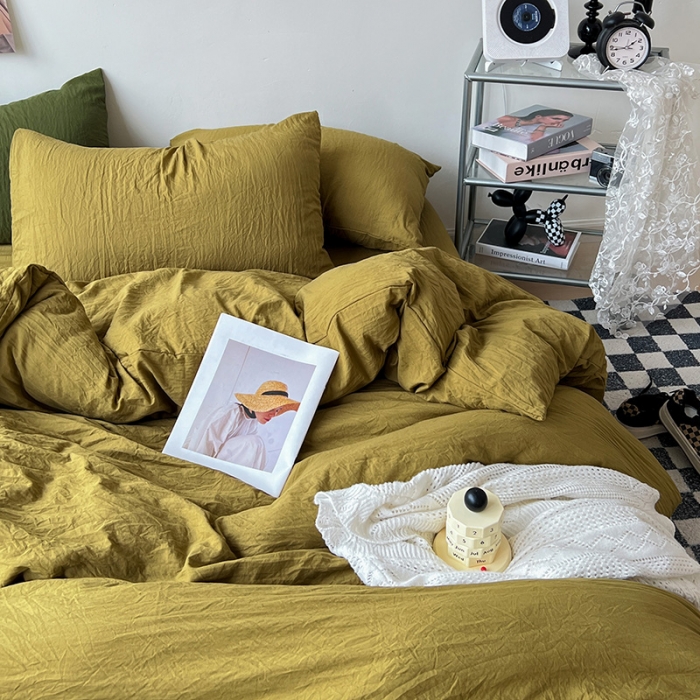 91家纺网 家纺一手货源 找家纺 水墨江南 2023新款超柔水洗棉简约纯色四件套 茶色