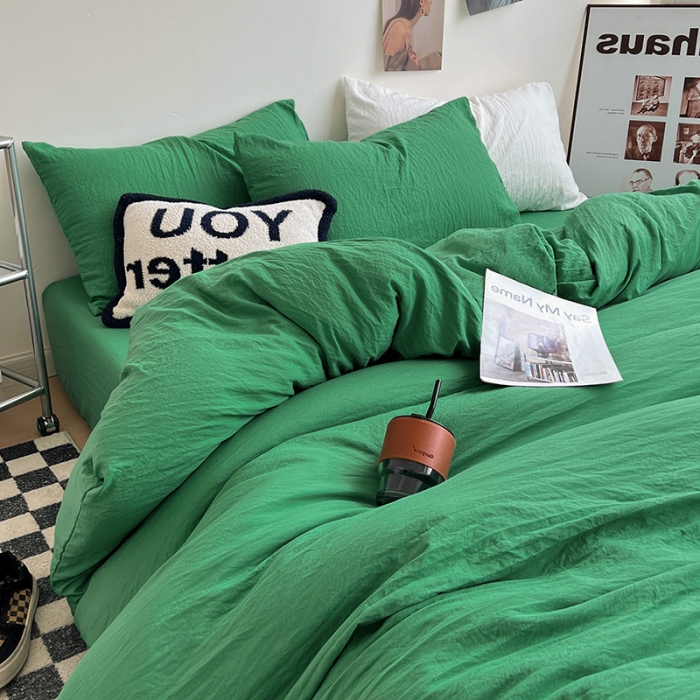 91家纺网 家纺一手货源 找家纺 水墨江南 2023新款超柔水洗棉简约纯色四件套 翡绿