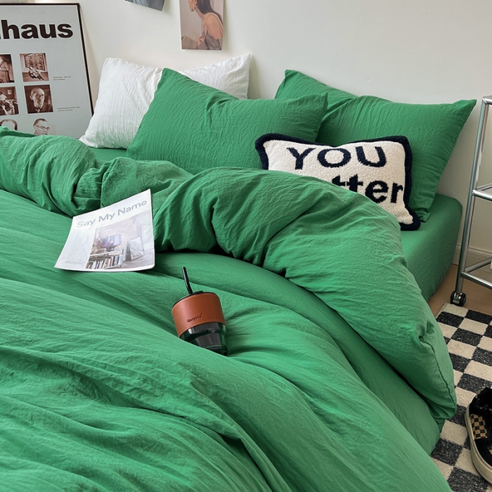 91家纺网 家纺一手货源 找家纺 水墨江南 2023新款超柔水洗棉简约纯色四件套 翡绿