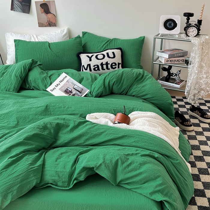 91家纺网 家纺一手货源 找家纺 水墨江南 2023新款超柔水洗棉简约纯色四件套 翡绿