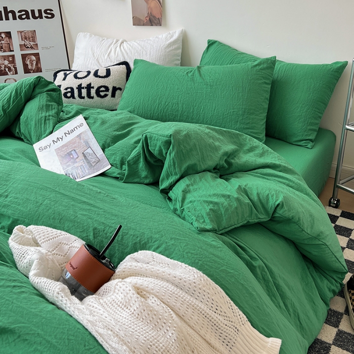 91家纺网 家纺一手货源 找家纺 水墨江南 2023新款超柔水洗棉简约纯色四件套 翡绿