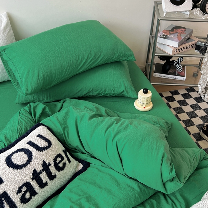 91家纺网 家纺一手货源 找家纺 水墨江南 2023新款超柔水洗棉简约纯色四件套 翡绿