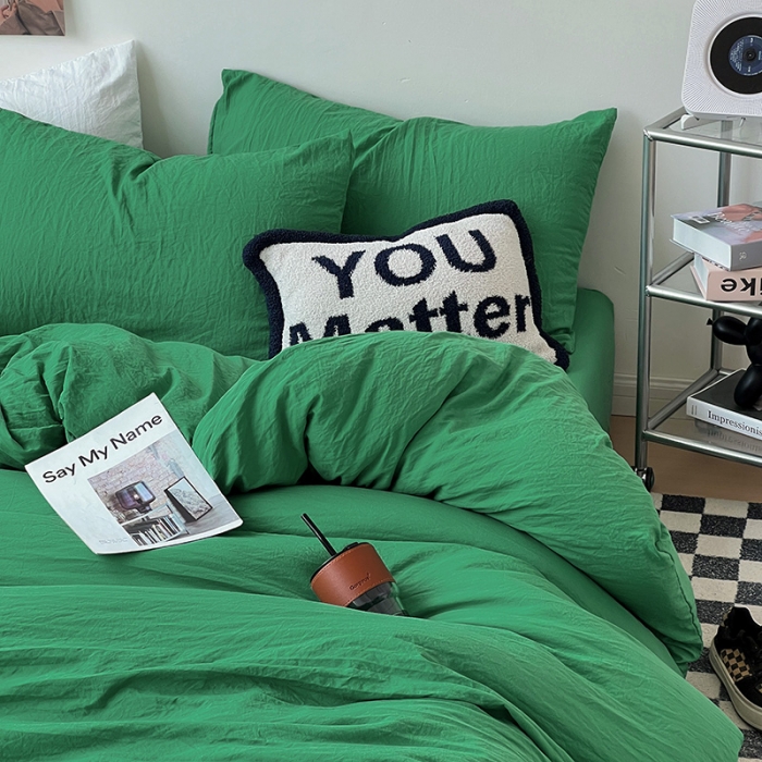 91家纺网 家纺一手货源 找家纺 水墨江南 2023新款超柔水洗棉简约纯色四件套 翡绿