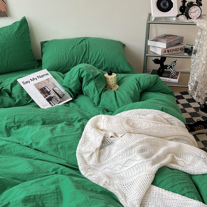 91家纺网 家纺一手货源 找家纺 水墨江南 2023新款超柔水洗棉简约纯色四件套 翡绿