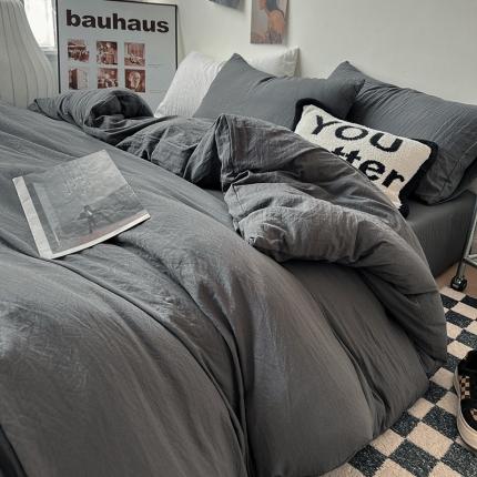 水墨江南 2023新款超柔水洗棉简约纯色四件套 墨灰