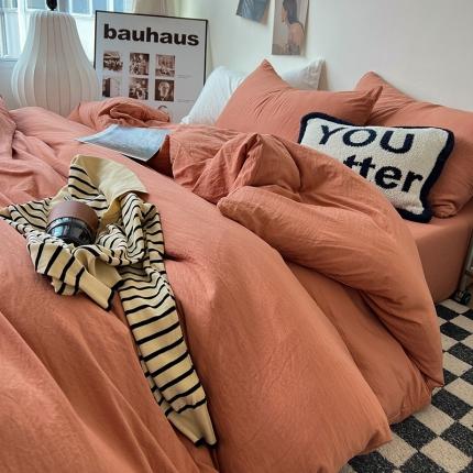 水墨江南 2023新款超柔水洗棉简约纯色四件套 奶油橙