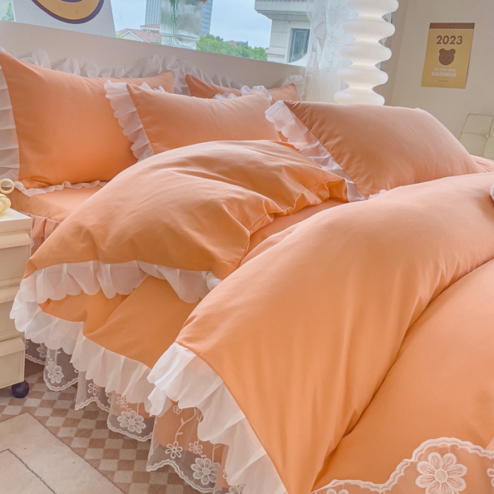 91家纺网 家纺一手货源 找家纺 金米诺 2024新款韩版花边水洗磨毛床裙四件套 橘色