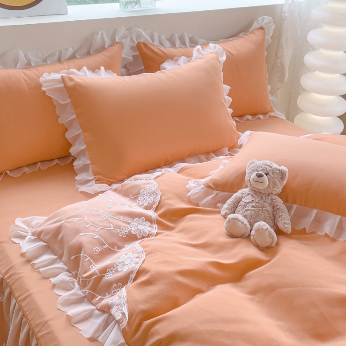 91家纺网 家纺一手货源 找家纺 金米诺 2024新款韩版花边水洗磨毛床裙四件套 橘色