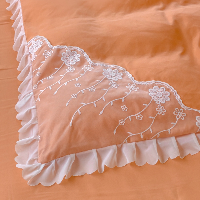 91家纺网 家纺一手货源 找家纺 金米诺 2024新款韩版花边水洗磨毛床裙四件套 橘色