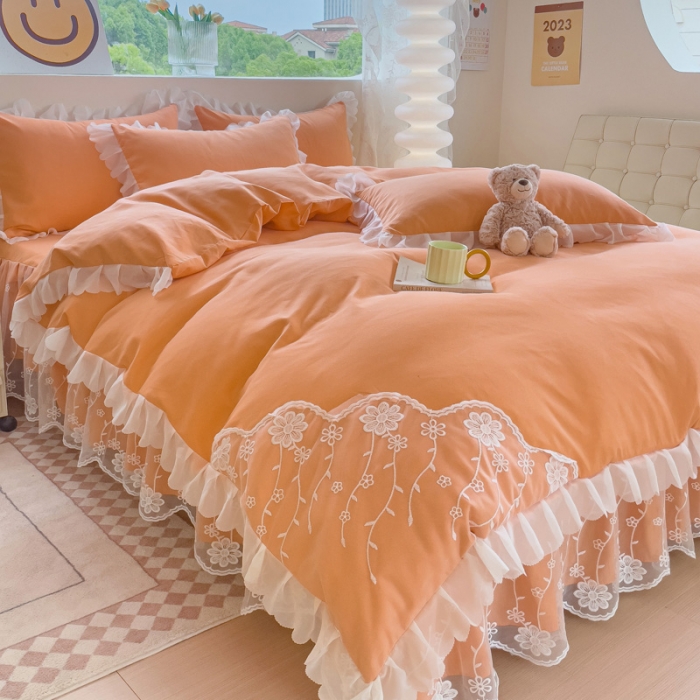 91家纺网 家纺一手货源 找家纺 金米诺 2024新款韩版花边水洗磨毛床裙四件套 橘色