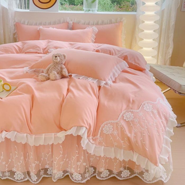 91家纺网 家纺一手货源 找家纺 金米诺 2024新款韩版花边水洗磨毛床裙四件套 玉色